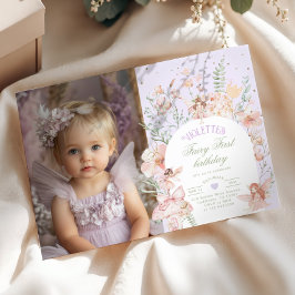 Convites Fairy First Birthday Pastel Lilac Whimsical Photo