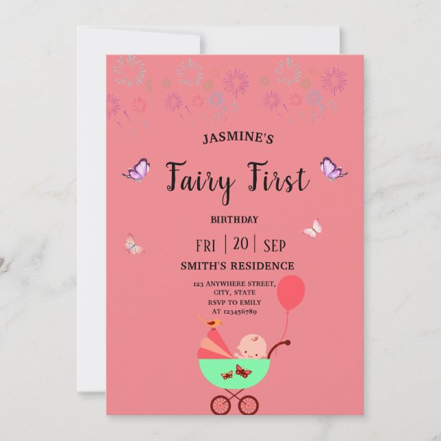 Convites Fairy First  Birthday pink party Invitation (Frente)