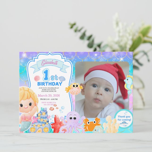 Convites Fairy First Purple Sea Photo 1st Birthday  (Em pé/Frente)