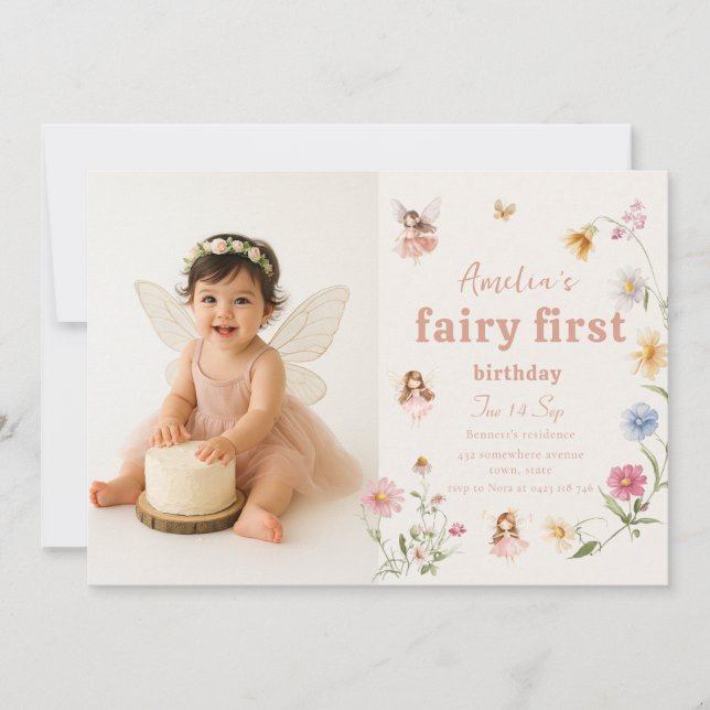 Convites Fairy First Watercolor Widflower Birthday Photo (Frente)