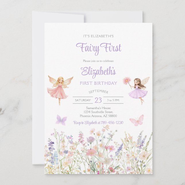 Convites Fairy First Whimsical Floral 1st Birthday  (Frente)
