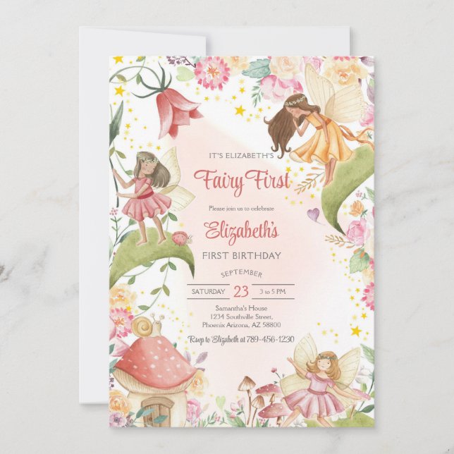 Convites Fairy First Whimsical Floral 1st Birthday (Frente)