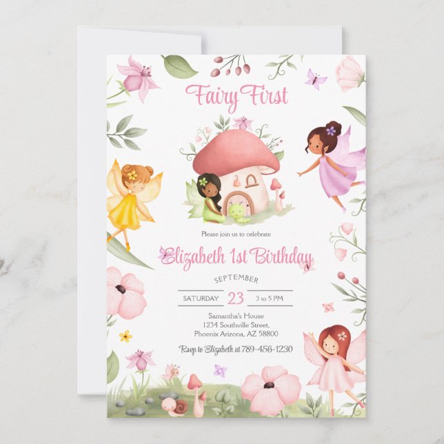 Convites Fairy First Whimsical Floral 1st Birthday (Frente)