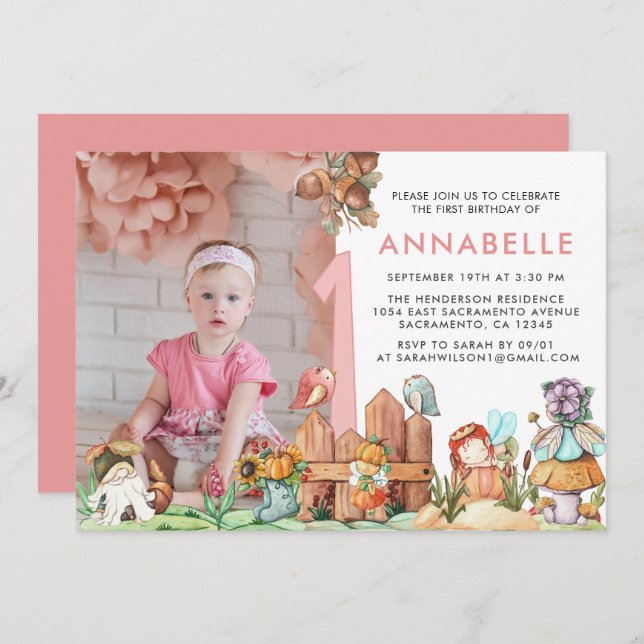 Convites Fairy Forest First Birthday Photo (Frente/Verso)