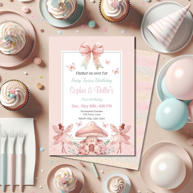 Convites Fairy Girls Mushroom House Gêmeos de fita Aniversá (Criador carregado)
