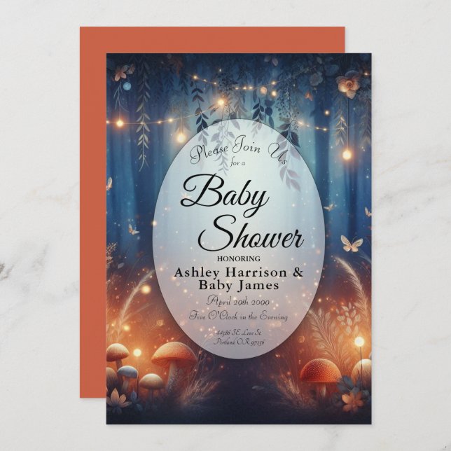 Convites Fairy Lights in a Moonlit Forest Baby Shower (Frente/Verso)