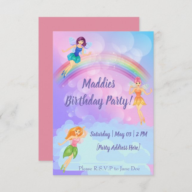 Convites Fairy Rainbow Birthday Invances (Frente/Verso)