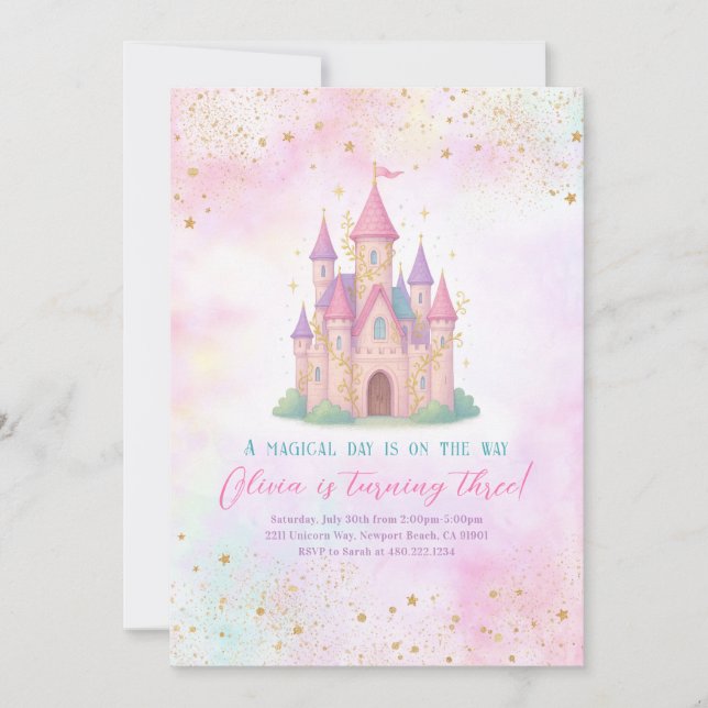 Convites Fairy Tale Castle Pink Birthday Party Invitation (Frente)