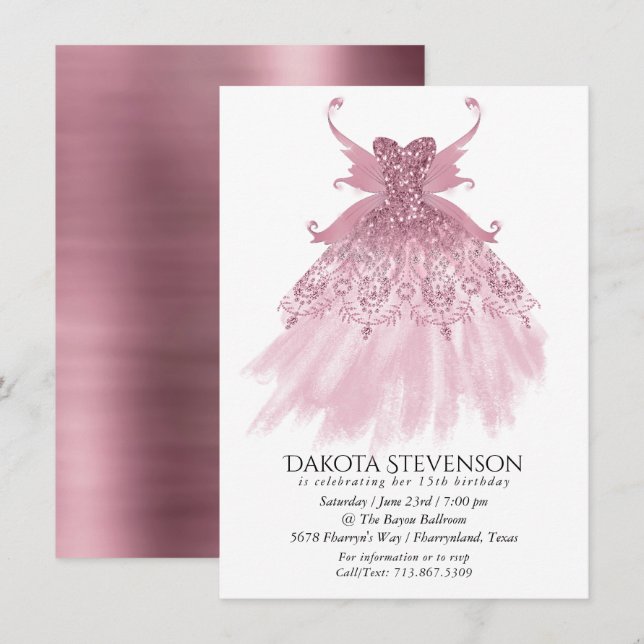 Convites Fairy Wing Mauve Gown | Luxurioso Pink Sheen (Frente/Verso)