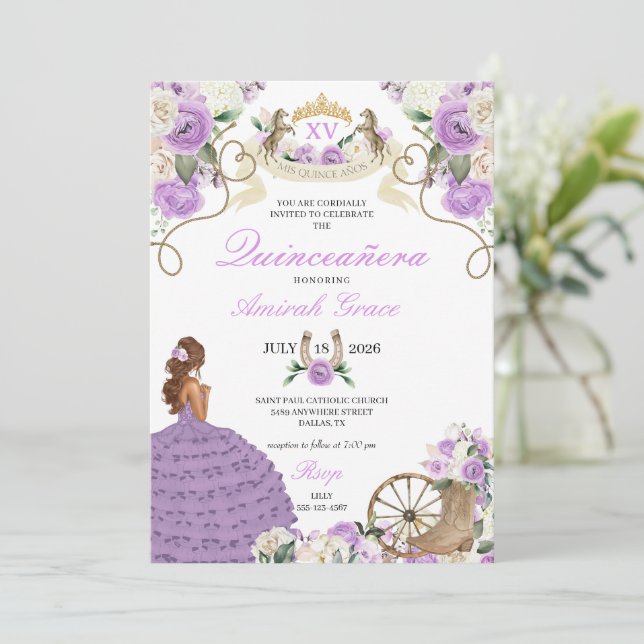 Convites Fairytala Purple Cowgirl Ocidental Quinceañera (Em pé/Frente)