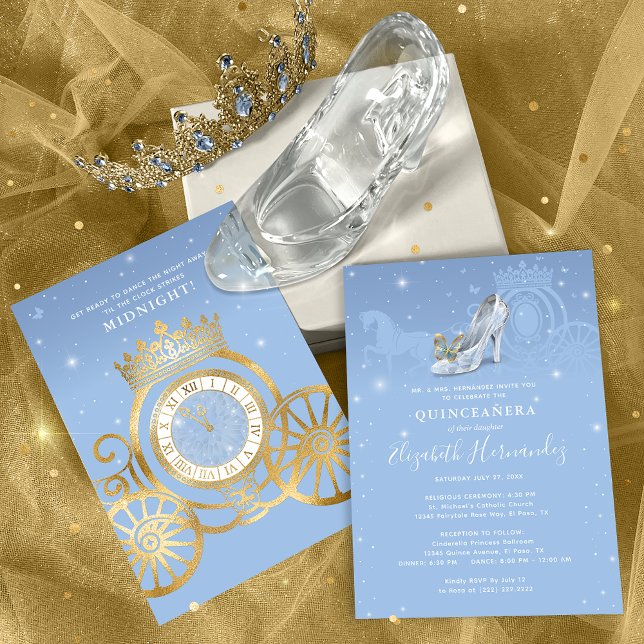 Convites Fairytale Baby Blue Cinderella Quinceanera (Light blue and gold Cinderella quinceanera invitations that will bring the magic to your big day!)