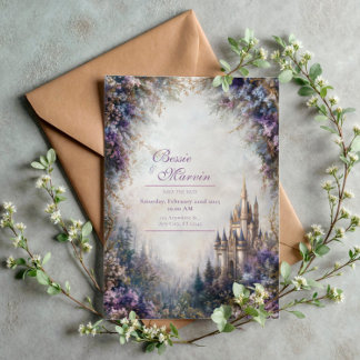 Convites Fairytale Castle Purple Floral Misty Wedding