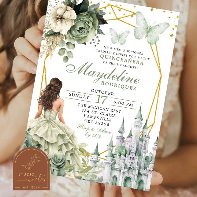 Convites Fairytale Castle Sage Green Floral Quinceanera (Criador carregado)