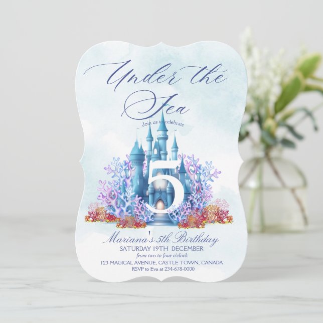 Convites Fairytale Castle Underwater Watercolor Birthday  (Em pé/Frente)