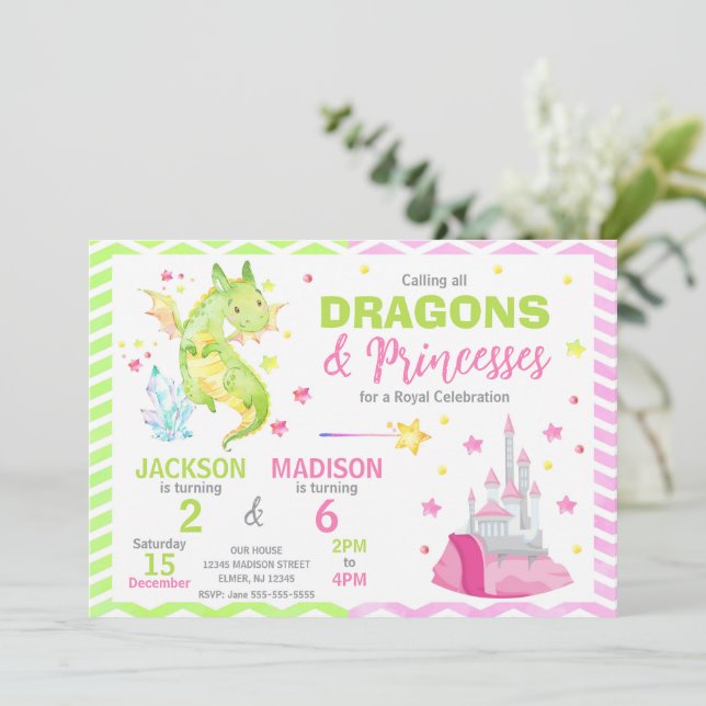 Convites Fairytale Dragon Princess Joint Birthday (Em pé/Frente)