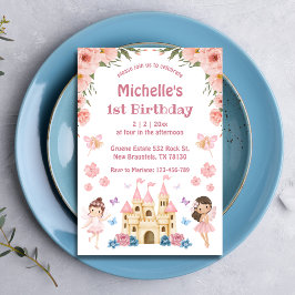 Convites Fairytale e primeiro aniversario floral cor-de-ros