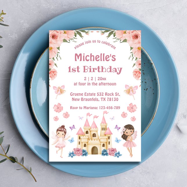 Convites Fairytale e primeiro aniversario floral cor-de-ros (Criador carregado)