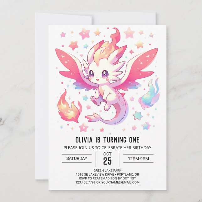 Convites Fairytale Fiery Dragon primeiro aniversario (Frente)
