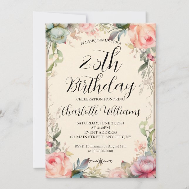 Convites Fairytale Floral 25 Birthday (Frente)