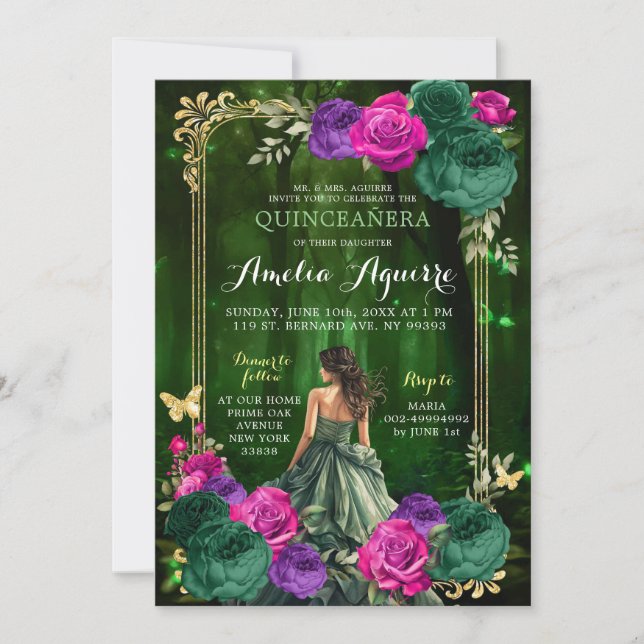 Convites Fairytale Floresta Mágica Lilac Green Quinceañera (Frente)