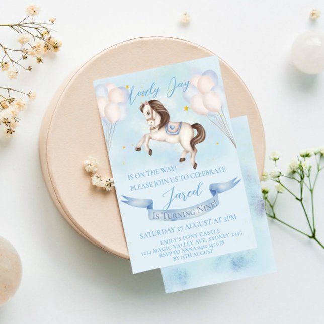 Convites Fairytale Pony Stars Blue Balloons Festa de aniver (Criador carregado)