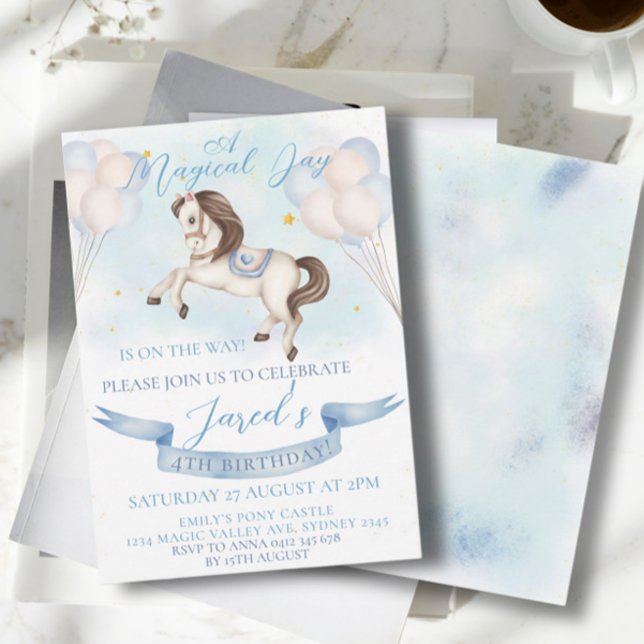 Convites Fairytale Pony Stars Blue Balloons Festa de aniver (Criador carregado)