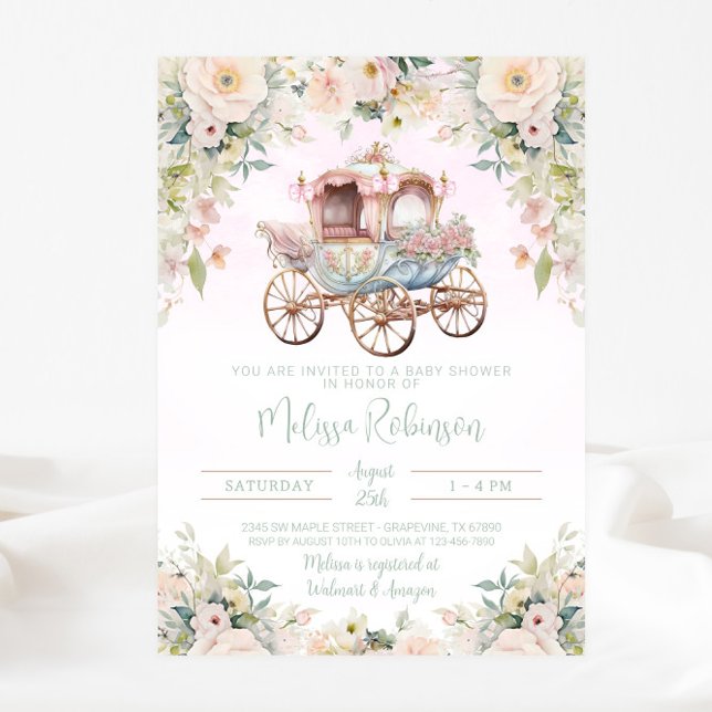 Convites Fairytale Princesa Carruagem Garota Watercolor Flo (Beautiful fairytale princess carriage baby shower invitation. Simply add your event details.)