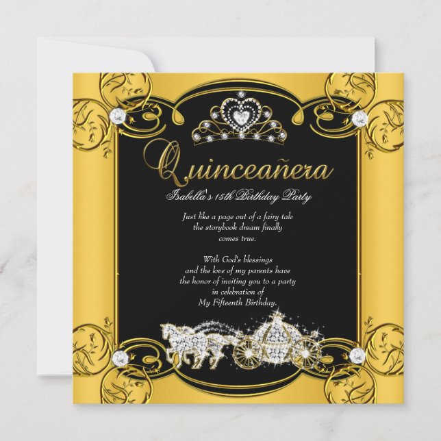Convites Fairytale Quinceanera 15 Birthday Amarelo (Frente)