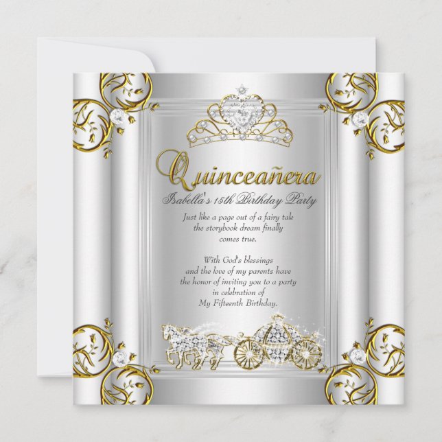 Convites Fairytale Quinceanera 15 Birthday Dourado Silver (Frente)