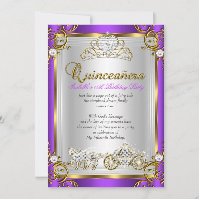 Convites Fairytale Quinceanera 15 Birthday Roxo Dourado (Frente)