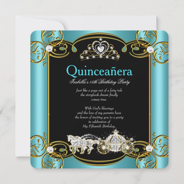Convites Fairytale Quinceanera 15 Birthday Teal Blue (Frente)