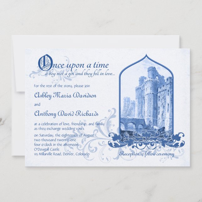 Convites Fairytale Royal Blue Castle Uma Vez Em Casamento (Frente)