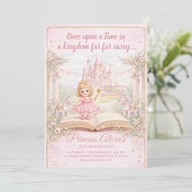 Convites Fairytale Storybook Princess First Birthday  (Em pé/Frente)