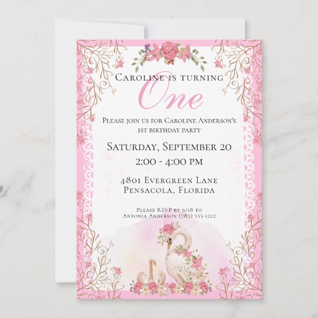 Convites Fairytale Swans Pink Floral (Frente)