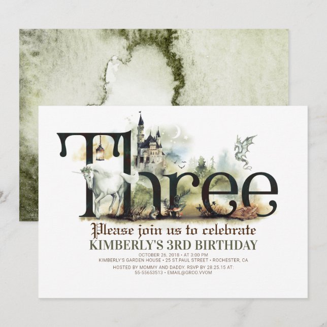 Convites Fairytale Unicorn Dragon Magic Castle 3 Aniversári (Frente/Verso)