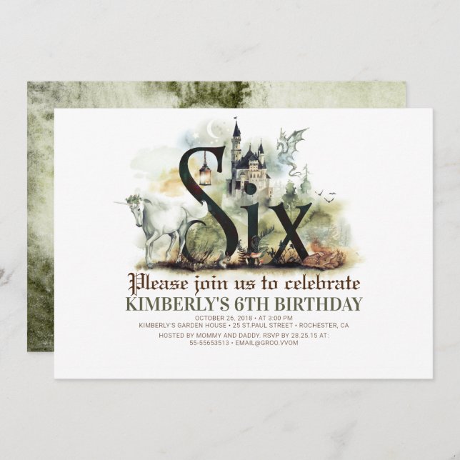 Convites Fairytale Unicorn Dragon Magic Castle 6 Aniversári (Frente/Verso)