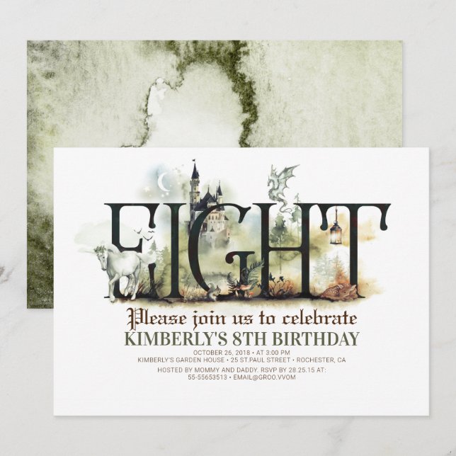 Convites Fairytale Unicorn Dragon Magic Castle 8.º Aniversá (Frente/Verso)