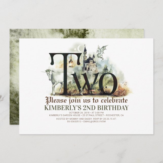 Convites Fairytale Unicorn Dragon Magic Castle segundo aniv (Frente/Verso)