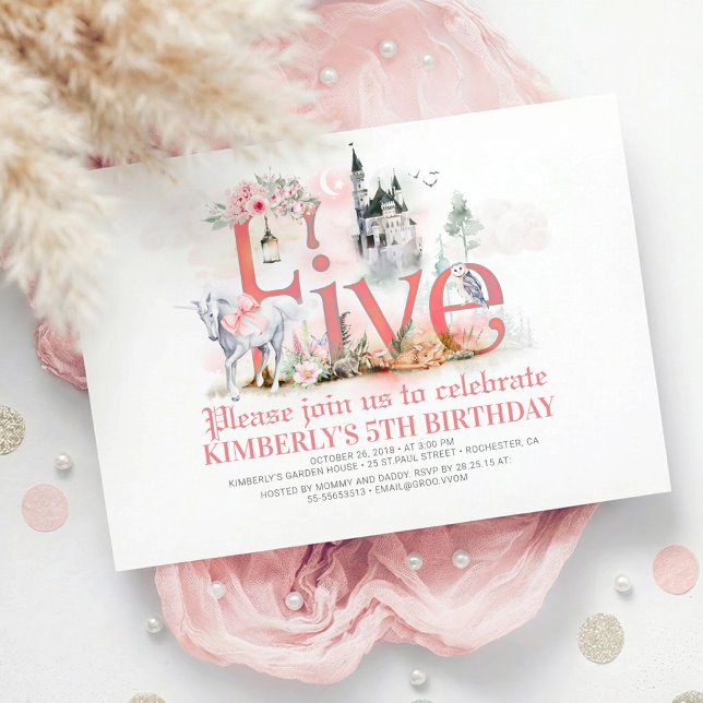 Convites Fairytale Unicorn Princess Castle 5 Birthday (5th Birthday Invitation with Fairytale Creatures Enchanted Castle and dragon with unicorn)