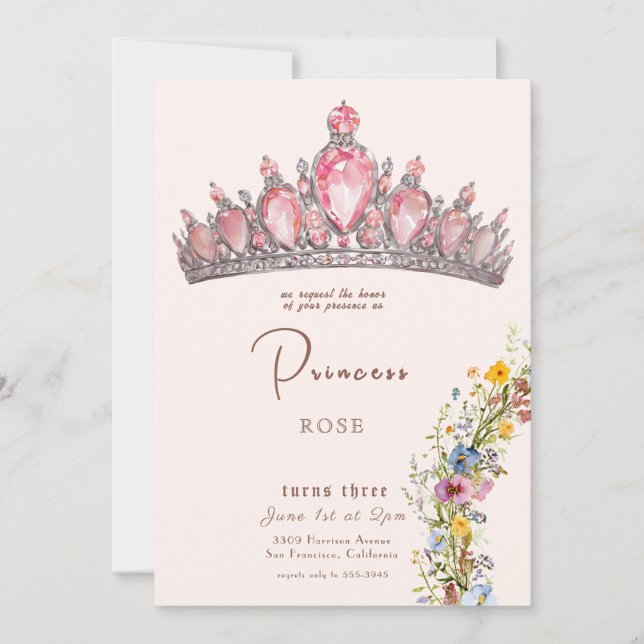Convites Fairytalt Princesa Coroa Rosa e Dourado Aniversári (Frente)