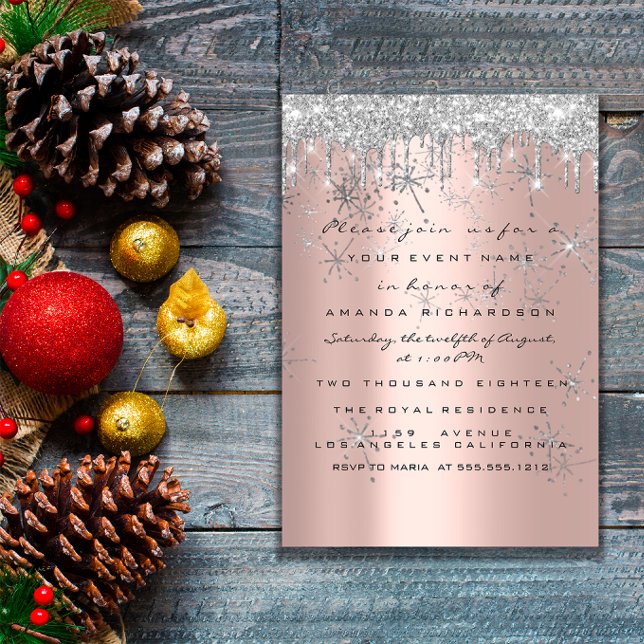 Convites Faísca Brilho Rosa Prata Lux Noiva Doce 16º (Spark Glitter Rose Silver Lux Bridal Sweet 16th Invitation)