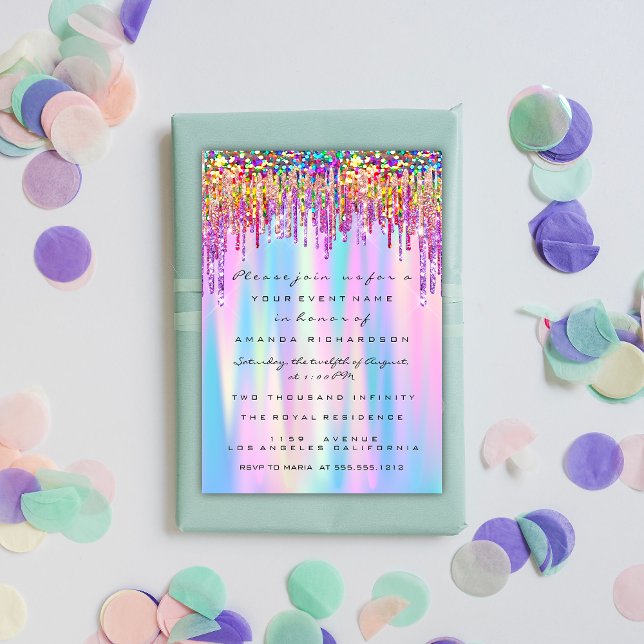 Convites Faísca e brilho com a sujeira do Arco-Íris (Rainbow Glitter Drip Bridal Sweet 16th Holographic Invitation)