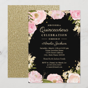 Convites Faísca Quinceanera preto cor-de-rosa Dourado