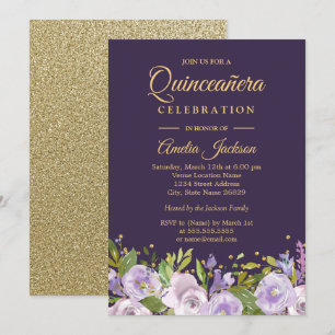 Convites Faísca Quinceanera roxo Dourado floral