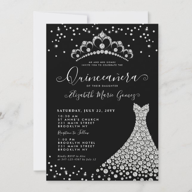 Convites Faísca Silver Diamante Negro Tiara Quinceanera (Frente)