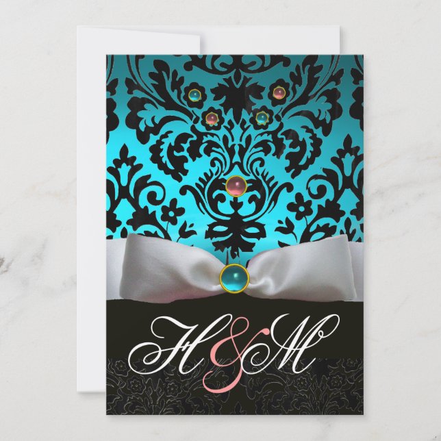 CONVITES FAIXA BRANCA TEAL ROSA AZUL PRETO DAMASCO MONOGRAM (Frente)