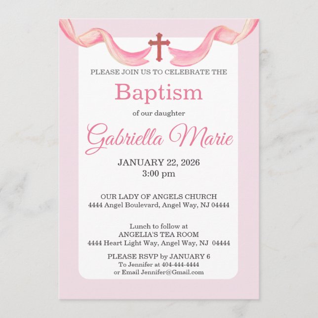 Convites Faixa Cruz Rosa e Branca Aquarela Batismo (Frente)