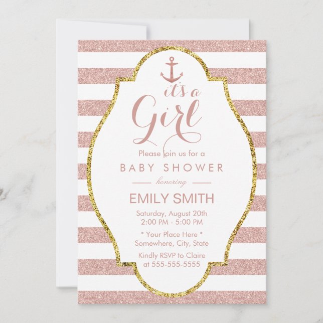 Convites Faixa Dourada Rosa Chá de fraldas Rapariga Náutica (Frente)