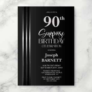 Convites Faixa Prateada Preta Cinza 90º Aniversário Surpres