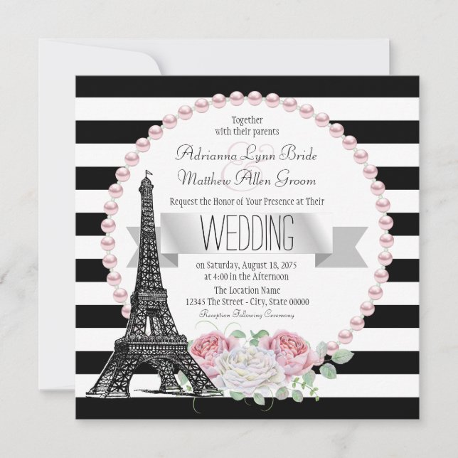 Convites Faixa Preta Paris País Francês Paris Casamento (Frente)